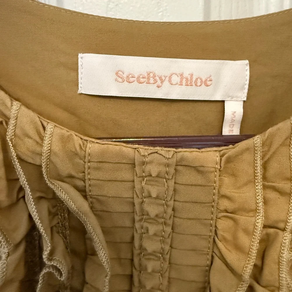 SEE BY CHLOÉ Khaki Puff-shoulder Cinched-waist Tie Ruffle Dress Size 8 - Picture 4 of 6